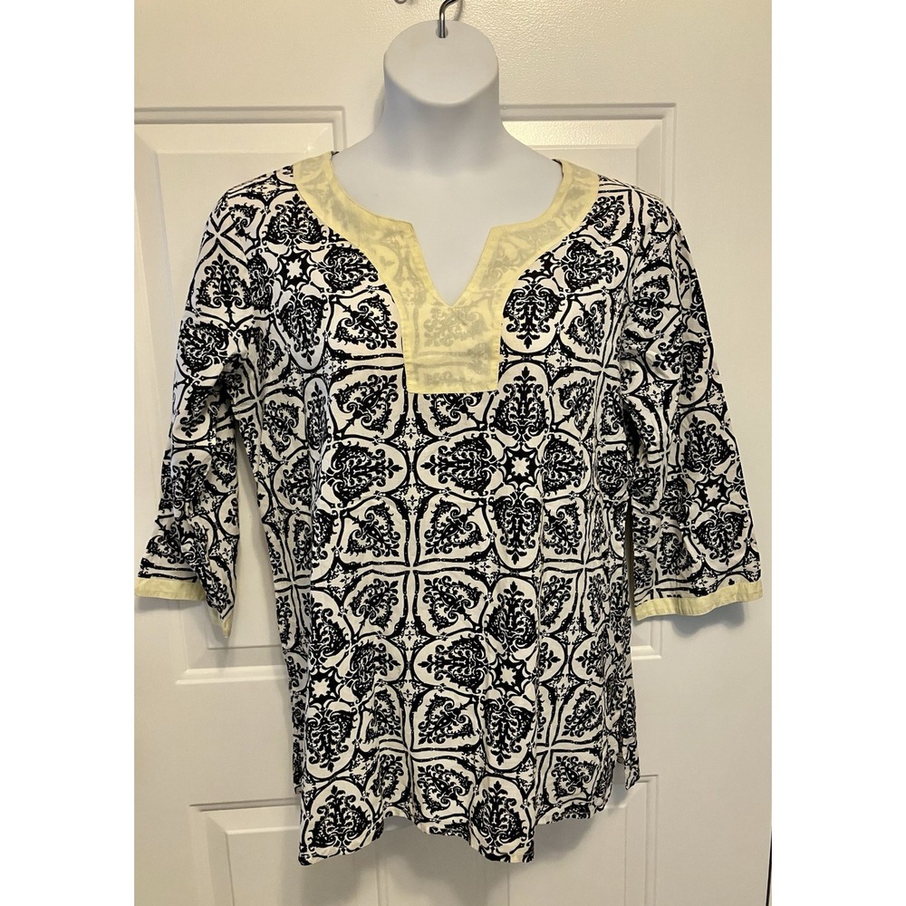Larsen Gray Women's Size Large Black White Tunic Top Blouse Shirt Boho Paisley